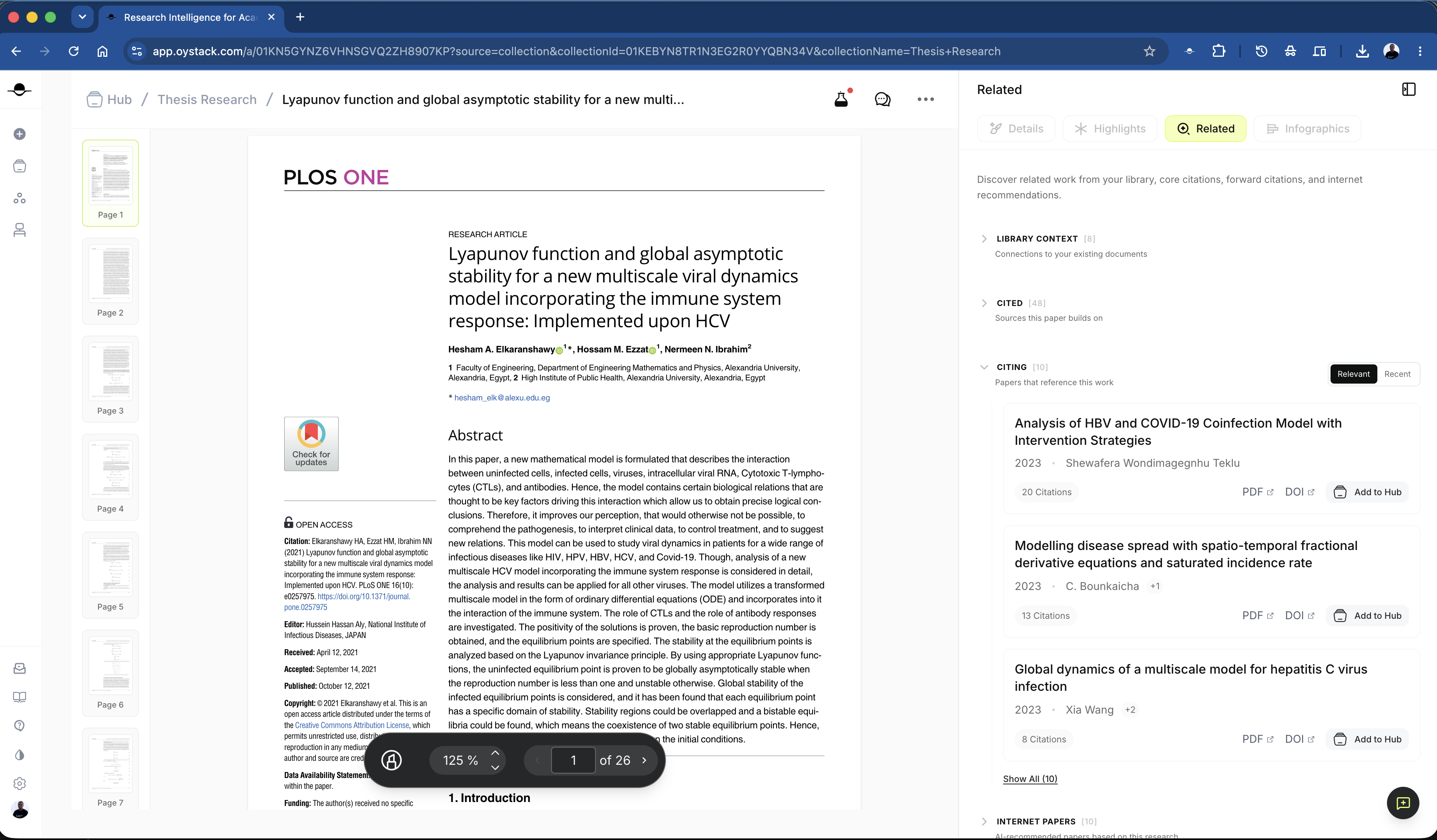 Oystack keeps the paper in view while mapping library context, references, forward citations, and related research.